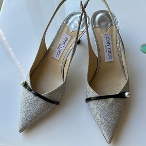 Jimmy Choo Silver Glitter Slingback Heels